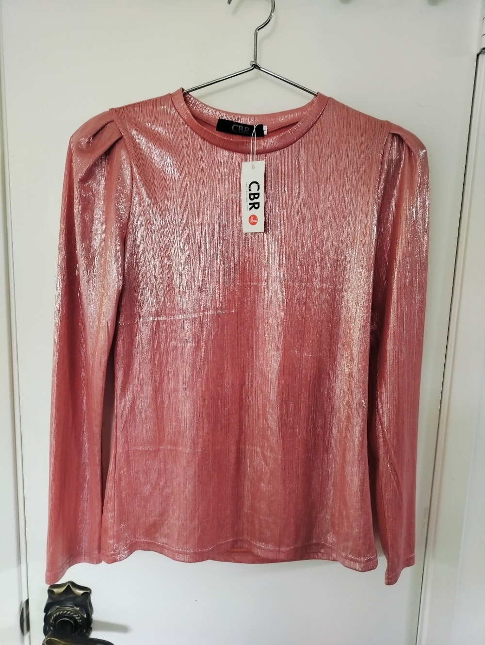 Chic Boutique Rose (CBR)  Large long-sleeve pink metallic shimmer Top NWT